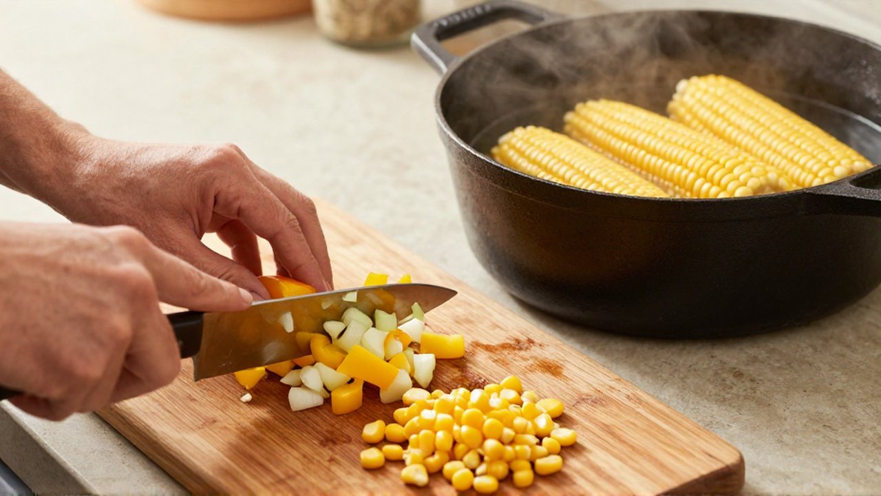 Hands dice yellow bell peppers and onions on a wooden board near a simmering pot of corn.
