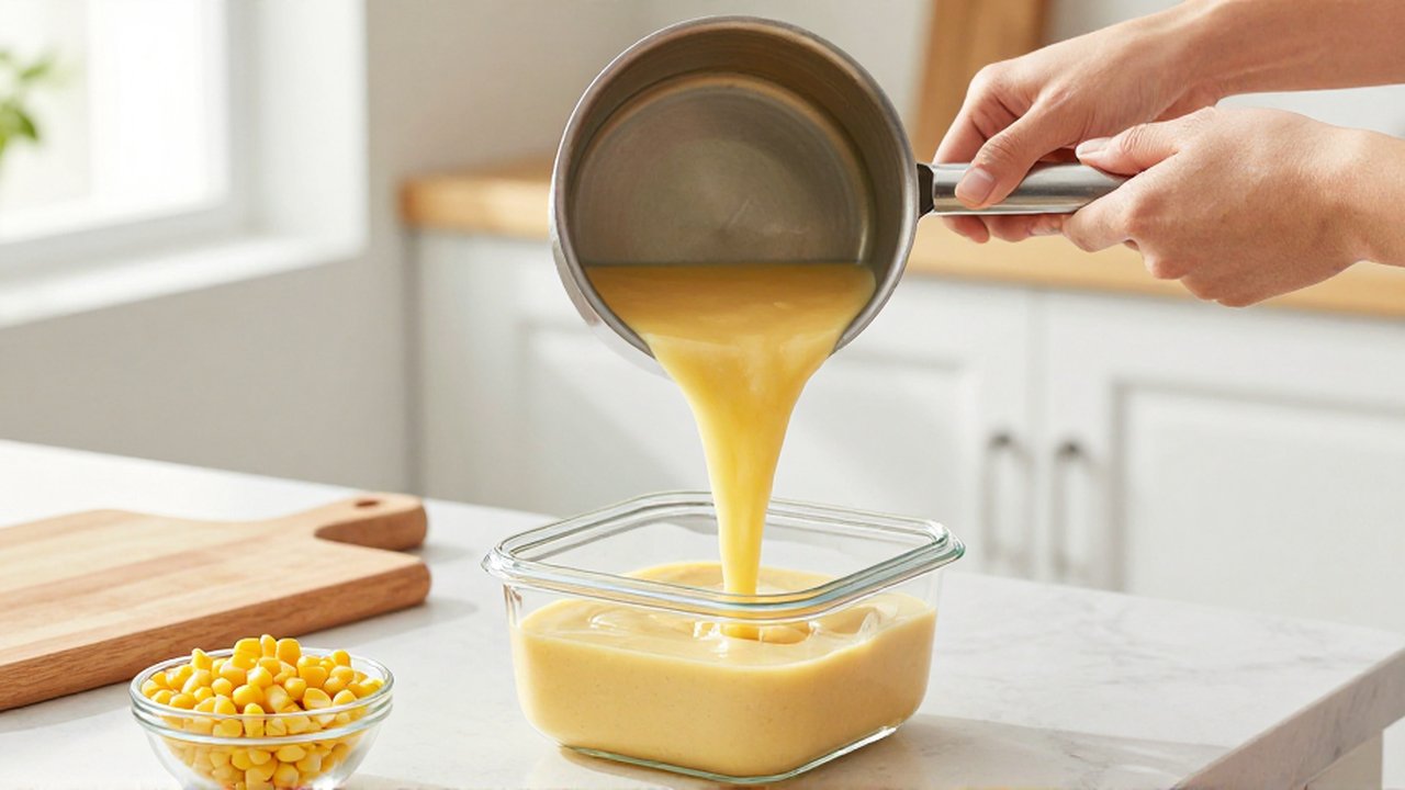 Hands pour warm corn chowder from a stainless steel saucepan into glass storage containers.
