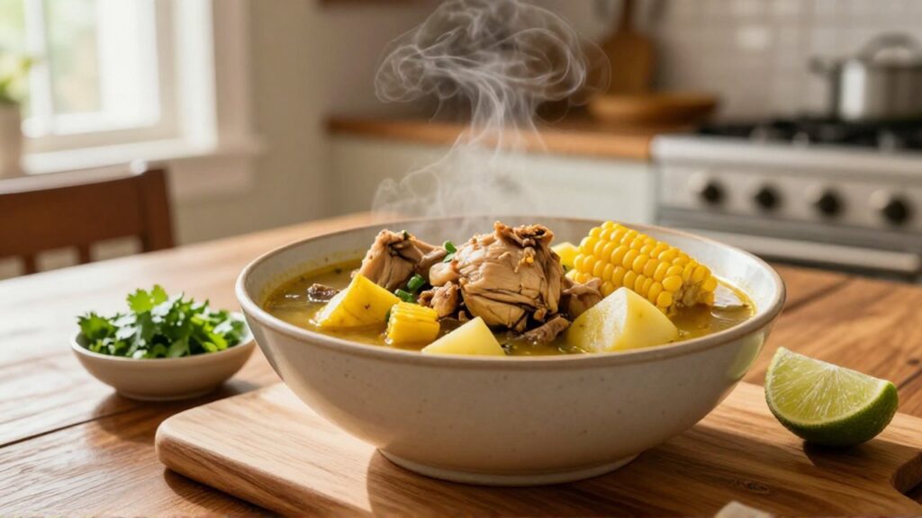 A steaming bowl of chicken sancocho with plantain