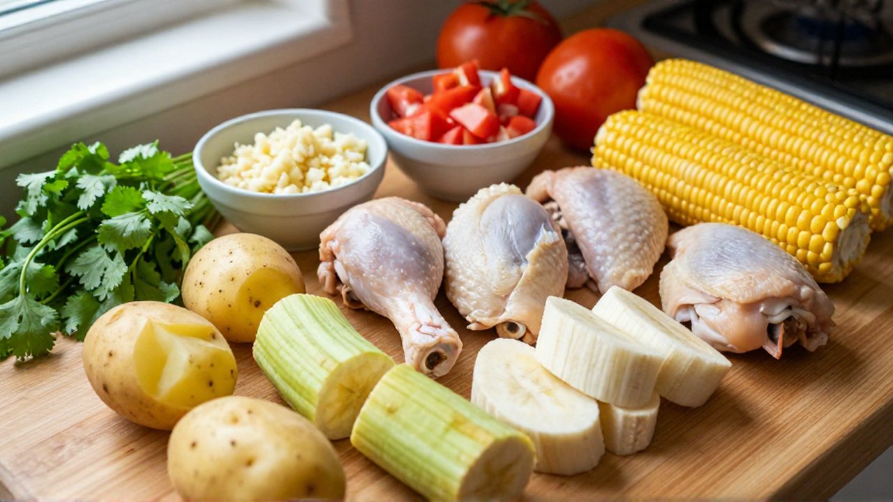 Bone-in chicken thighs, green plantain chunks, potatoes, corn, and yuca are arranged on a wooden countertop.