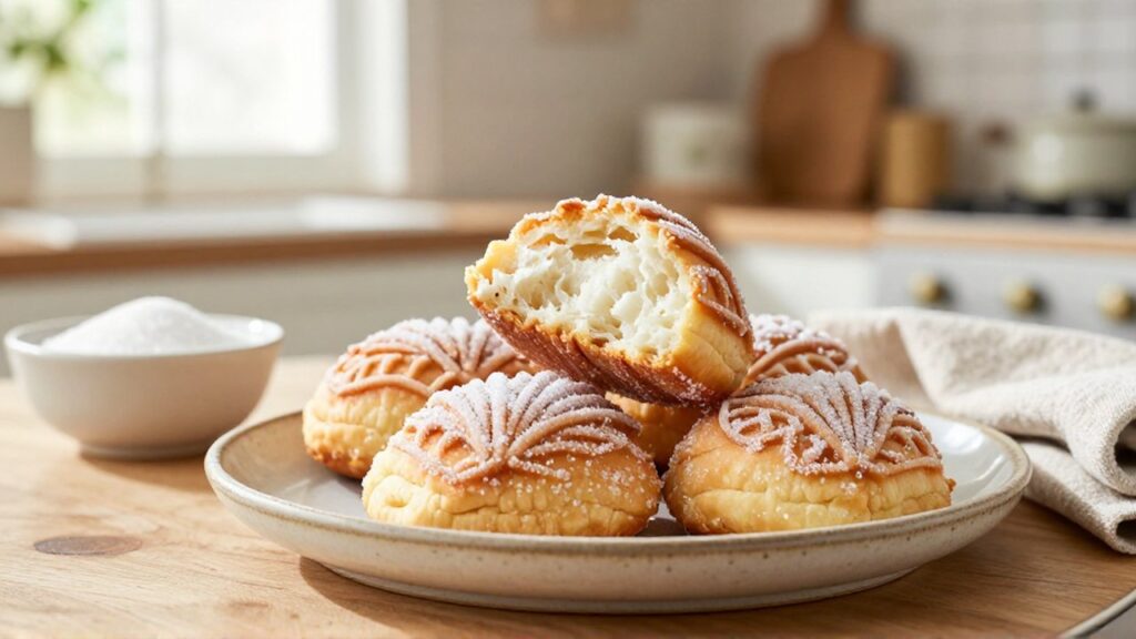 A stack of seashell-patterned conchas sits on a ceramic plate next to a bowl of vanilla sugar.