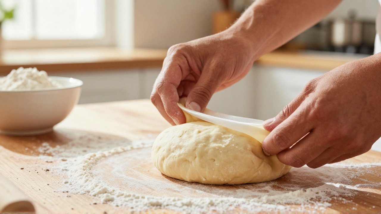 Hands stretch a thin piece of dough until it becomes translucent on a floured wooden counter.