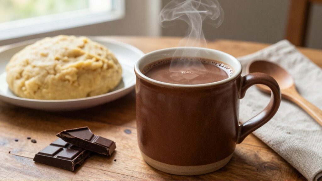 A steaming mug of frothy champurrado sits on a wooden table next to corn masa and dark chocolate.