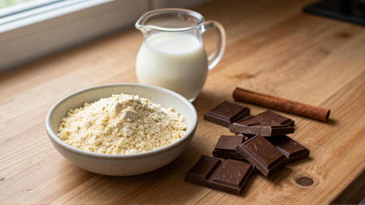 Masa harina, dark chocolate squares with cinnamon, a pitcher of milk, and a cinnamon stick rest on a wooden countertop.