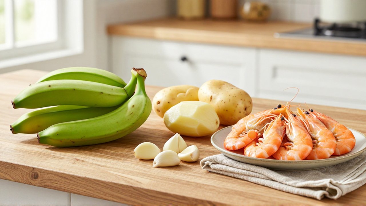 Green unpeeled plantains sit next to peeled Yukon Gold potatoes, garlic cloves, and jumbo shrimp on a wooden counter.