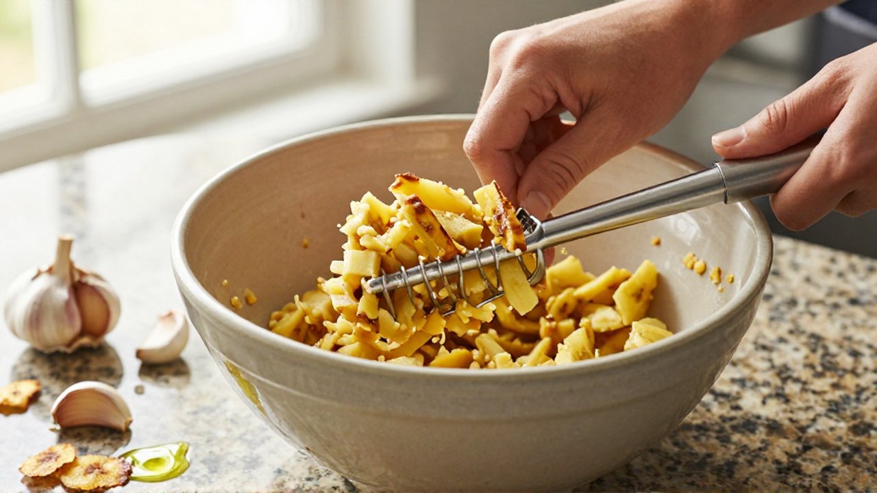 Hands use a metal masher to press golden-fried plantain chunks in a ceramic bowl on a granite countertop.