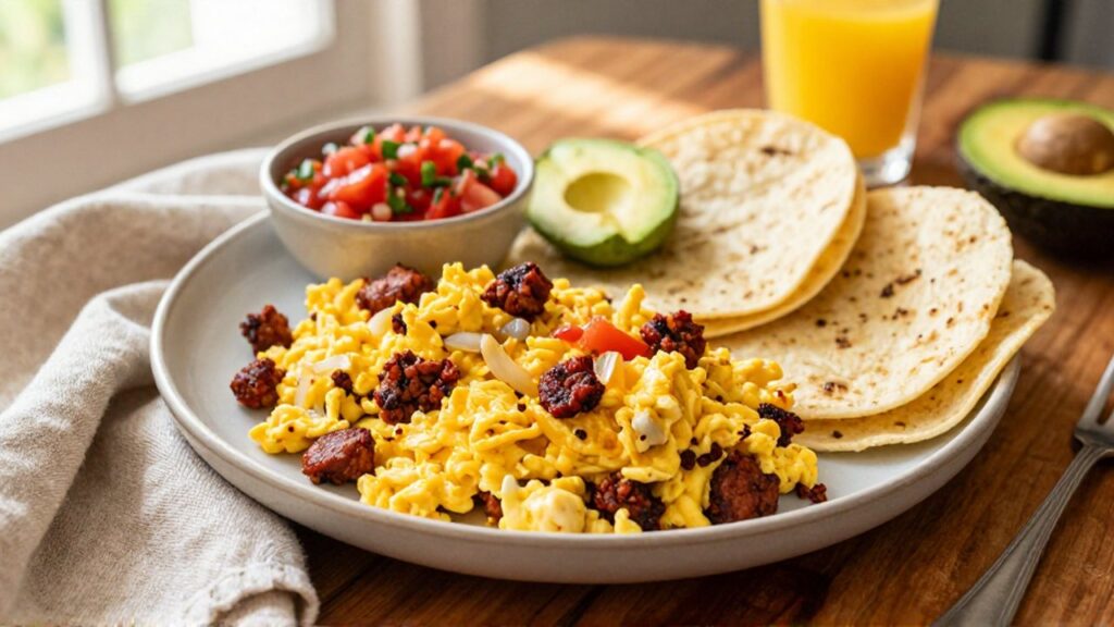 Scrambled eggs with crumbled chorizo