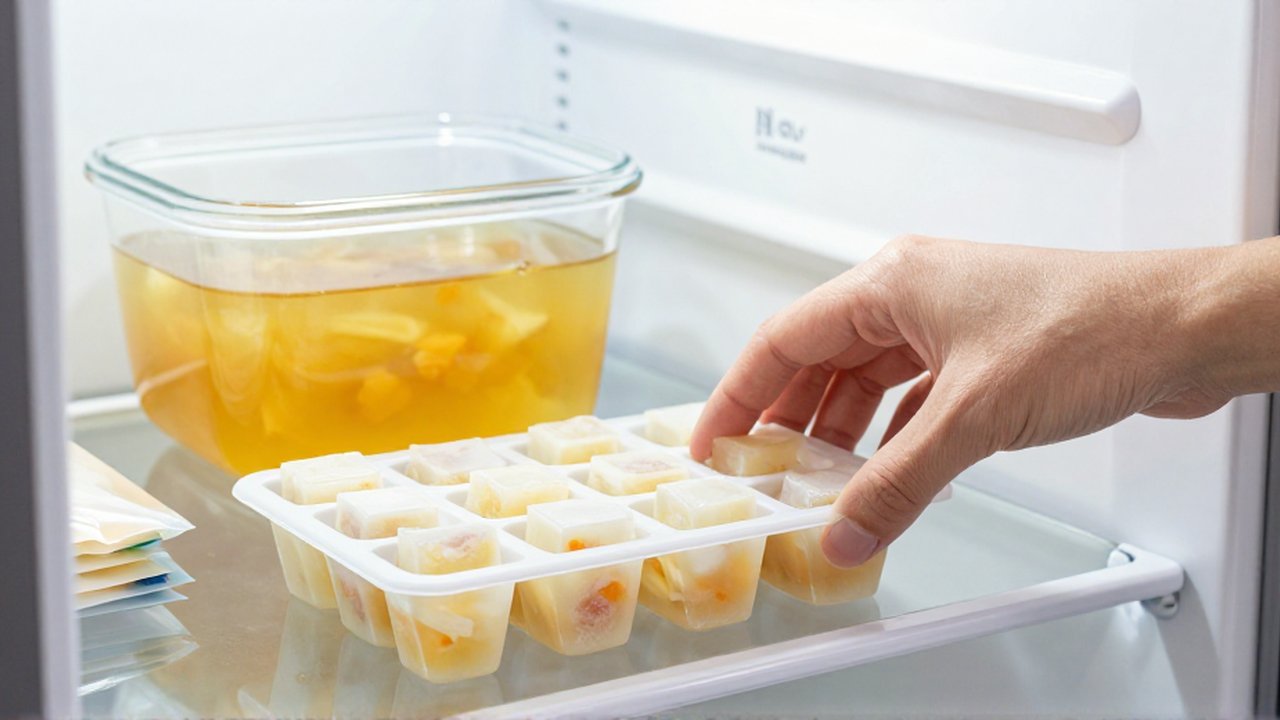 A hand reaches for a silicone tray of frozen vegetable broth cubes on a refrigerator shelf.