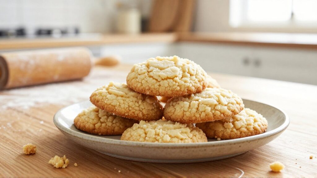 A stack of crumbly butter cookies rests on a ceramic plate atop a wooden table.