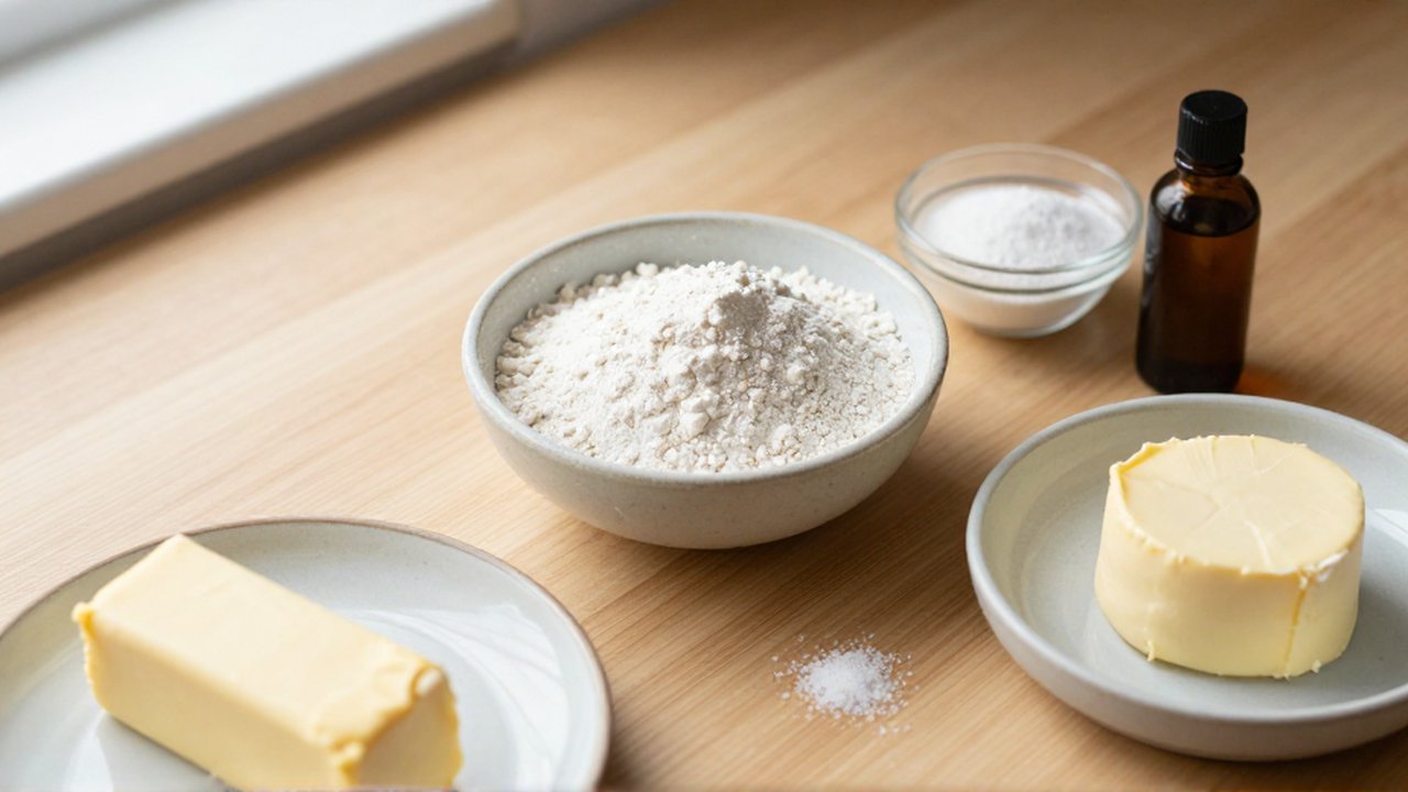 Ingredients for polvorones including flour, butter, powdered sugar, salt, and vanilla are arranged on a wooden counter.