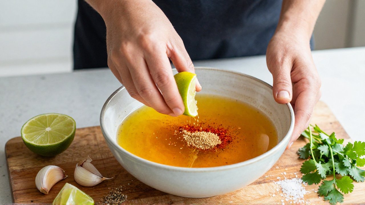 Hands squeeze lime wedges and sprinkle spices into a ceramic bowl of citrus juice and oil.