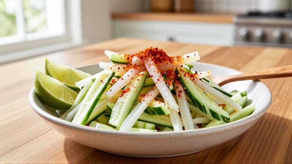 Jicama and cucumber sticks tossed with chili powder and lime juice sit in a ceramic bowl on a wooden table.