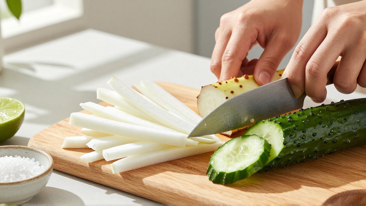 Hands slice white jicama and green cucumber into matchsticks on a wooden cutting board.