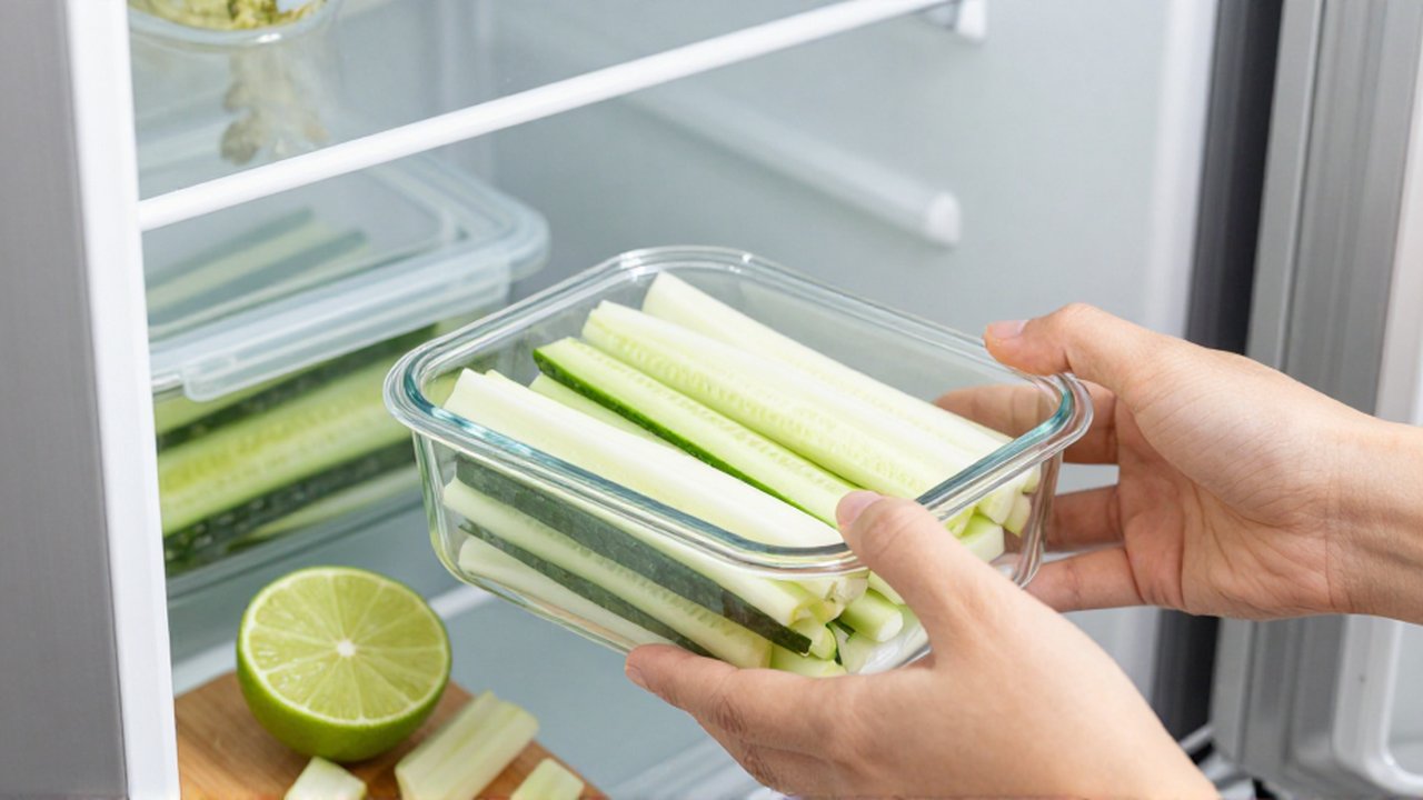 Hands place a clear glass container of sliced jicama and cucumber into a refrigerator.