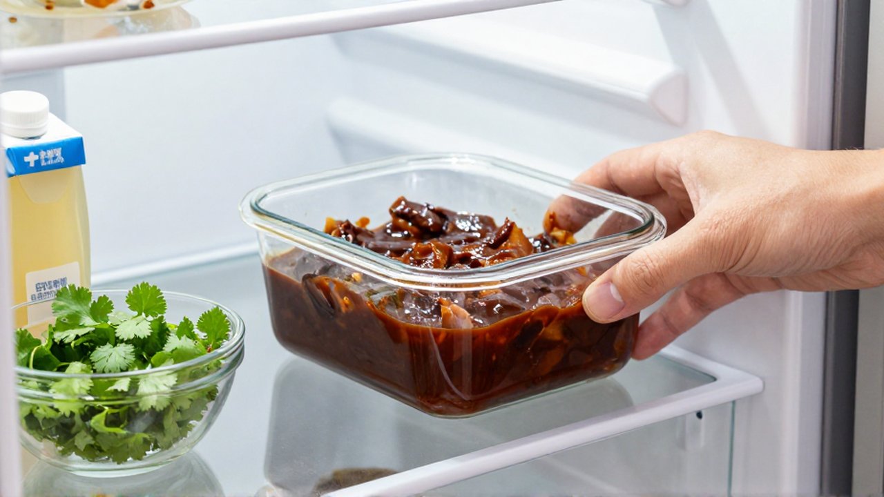 A hand places a glass container of chicken in dark mole sauce onto a refrigerator shelf.