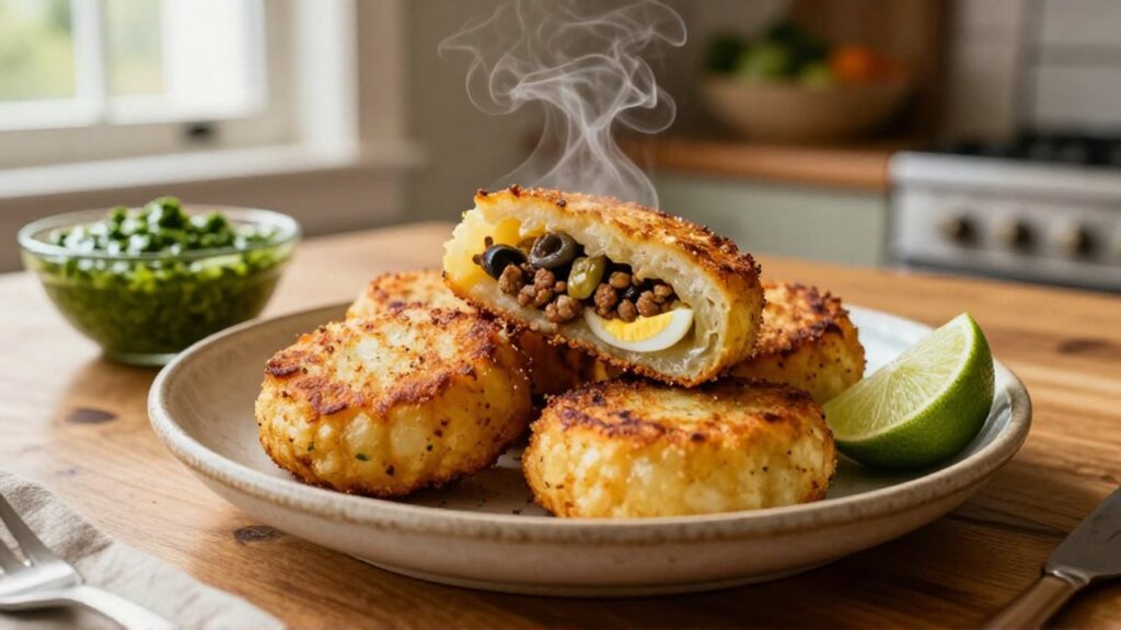 Sliced golden-brown potato patties reveal a meat