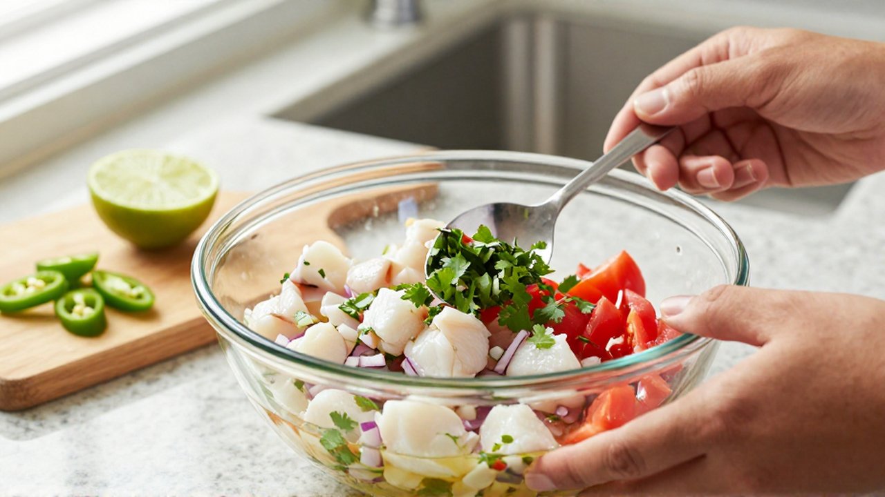 Hands use a stainless steel spoon to fold cilantro and tomatoes into cubed white fish in a glass bowl.
