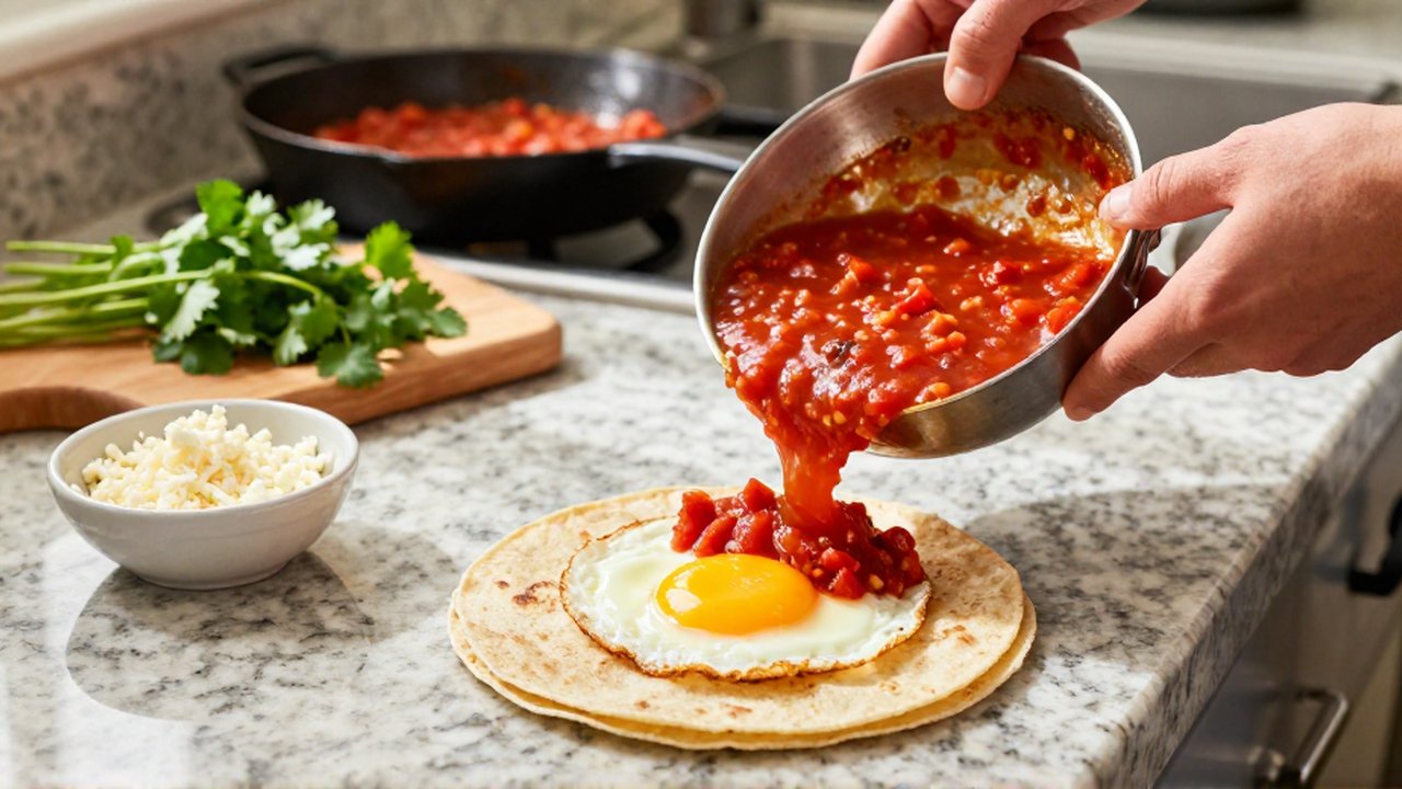 Hands ladle simmering salsa roja from a stainless steel saucepan onto a fried egg on a corn tortilla.