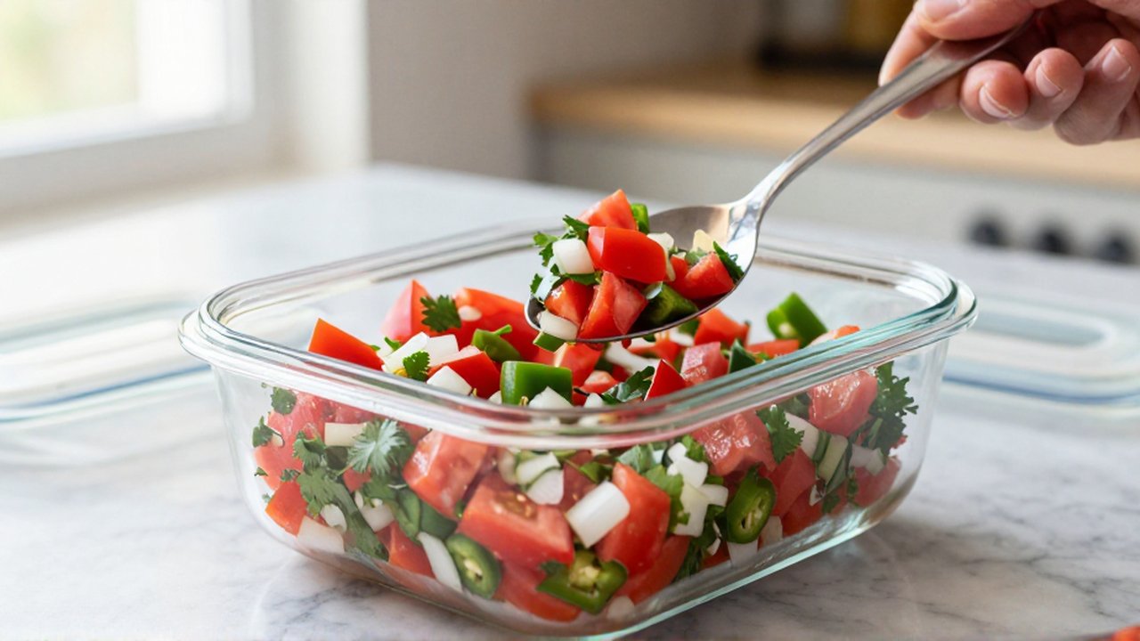 A hand uses a stainless steel spoon to scoop diced tomatoes, onions, jalapeños, and cilantro into a glass container on a marble countertop.