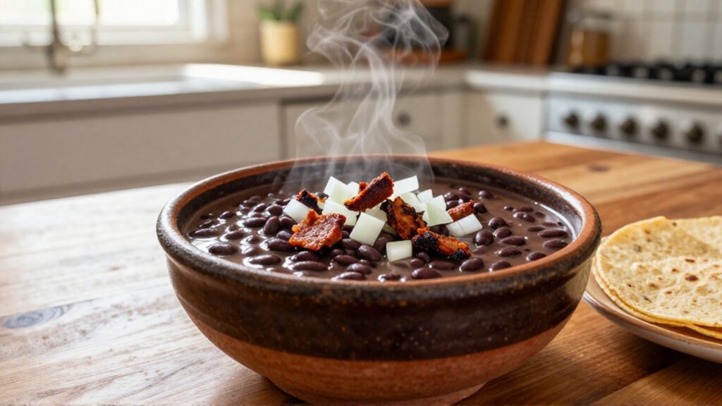 A rustic ceramic bowl of bean soup topped with chorizo and onion sits on a wooden table next to torn corn tortillas.