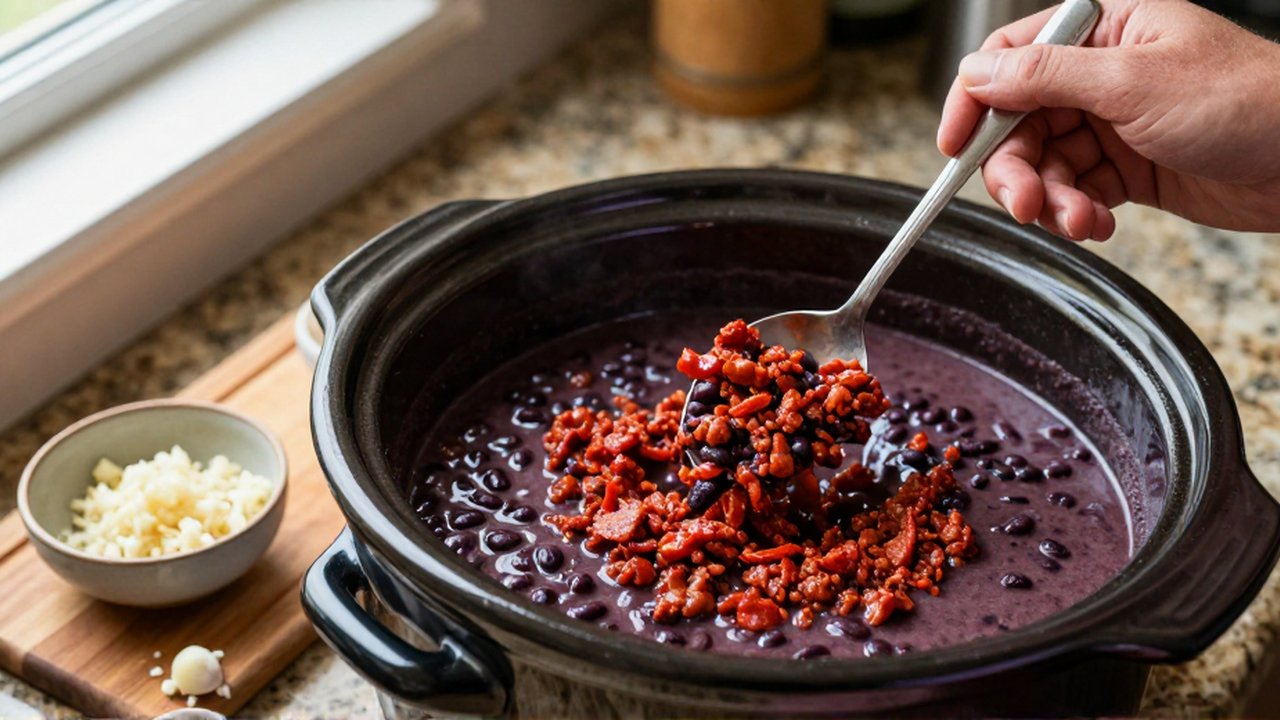 Hands use a small metal spoon to stir crumbled chorizo into creamy black bean soup in a slow cooker.