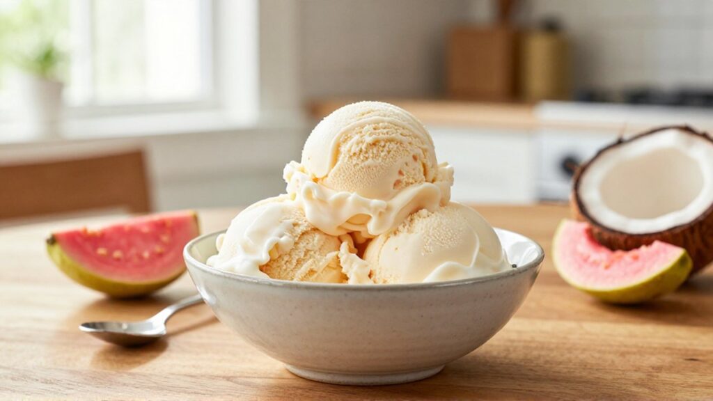 A scooped serving of pink guava and coconut ice cream sits in a ceramic bowl next to guava slices and coconut shell.