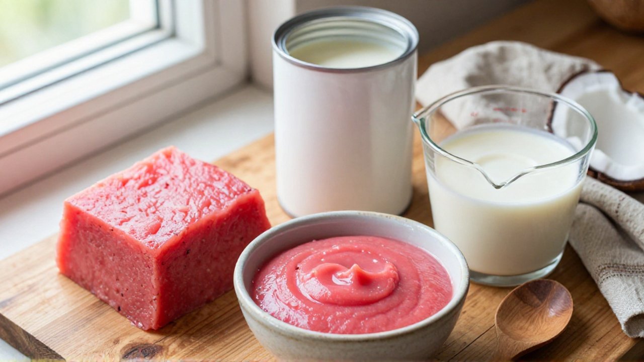 Guava paste, nectar, and coconut milk are arranged on a rustic wooden counter with a linen napkin.