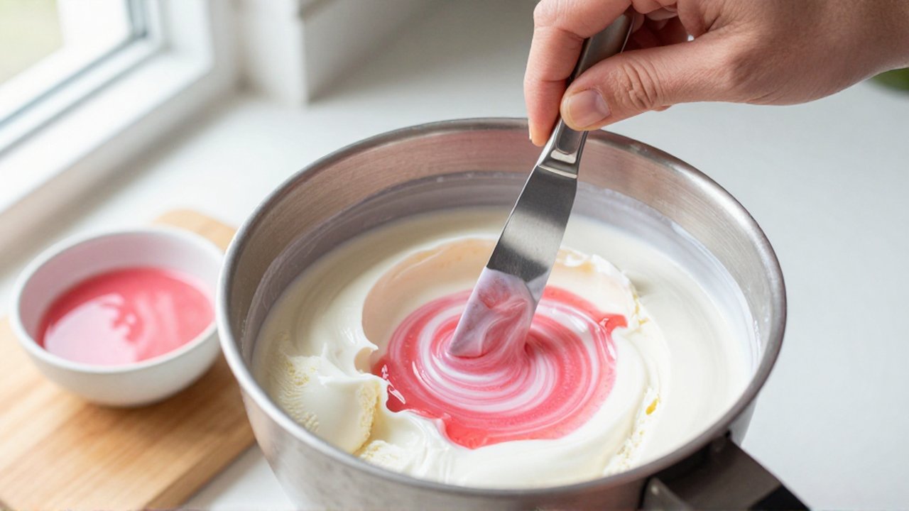 A hand uses a butter knife to swirl pink guava syrup into pale white coconut ice cream within a metal churn bowl.