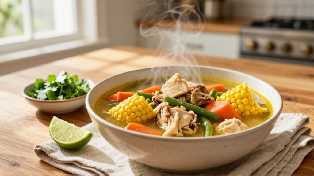 A steaming bowl of chicken soup with corn