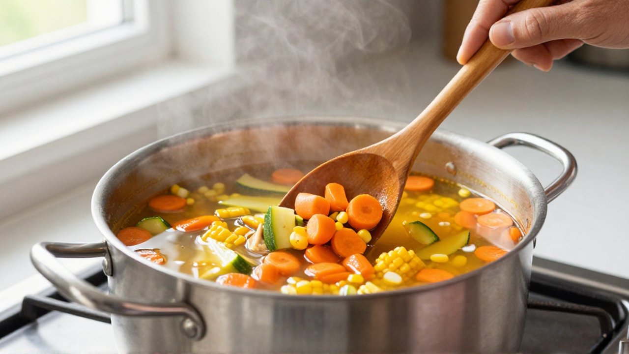 A hand uses a wooden spoon to stir carrot, corn, and zucchini in a simmering chicken broth.
