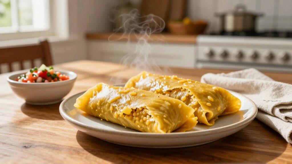 Steaming cornmeal tamales sit on a ceramic plate with a small bowl of salsa on a wooden table.