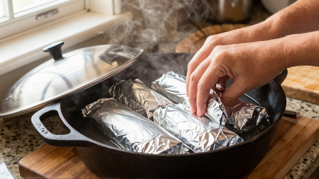 Hands place foil-wrapped cornmeal tamales into a steaming cast-iron skillet on a granite countertop.