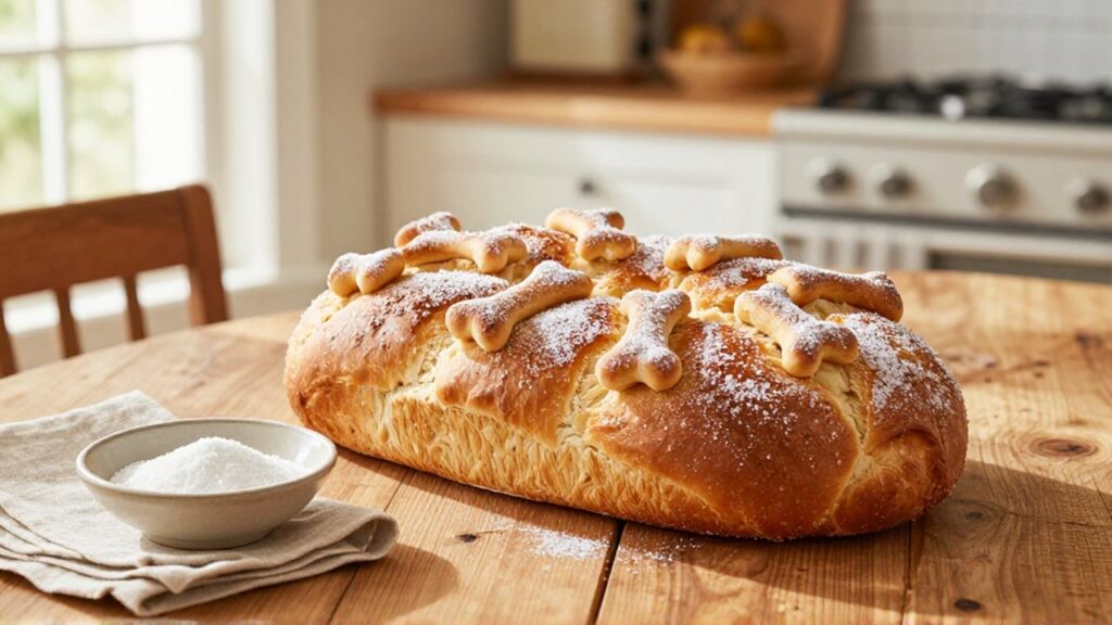 A golden-brown Pan de Muerto loaf dusted with sugar sits on a rustic wooden table next to a small ceramic bowl.