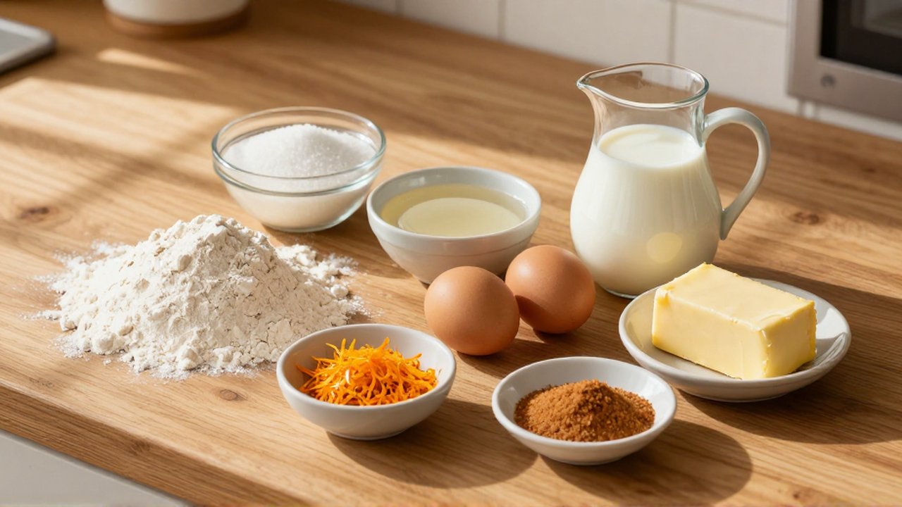 Various baking ingredients including flour, yeast, milk, eggs, and orange zest sit on a wooden counter.