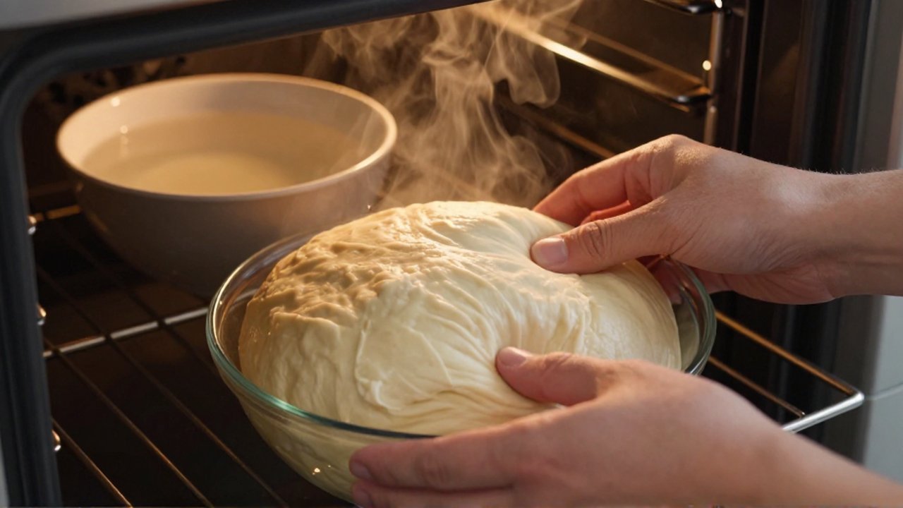 Hands gently press the surface of puffy dough in a glass bowl inside an oven.