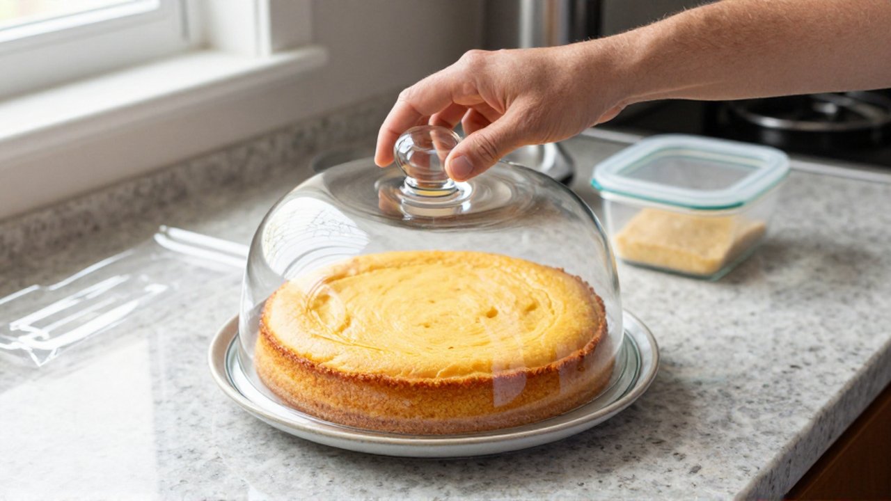 Hands place a clear glass dome over a golden cake on a granite countertop.