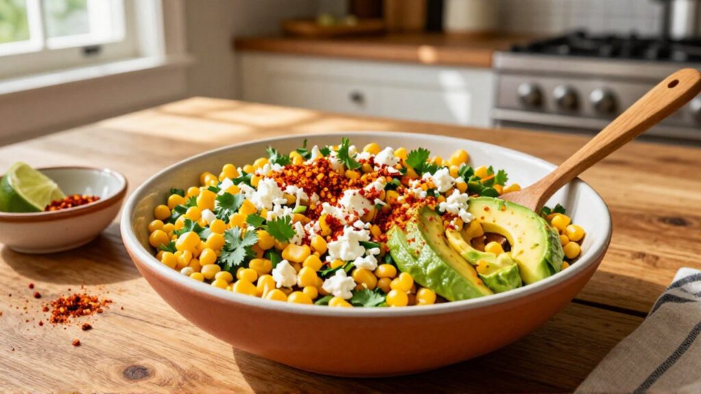 A large bowl of corn salad with cotija cheese