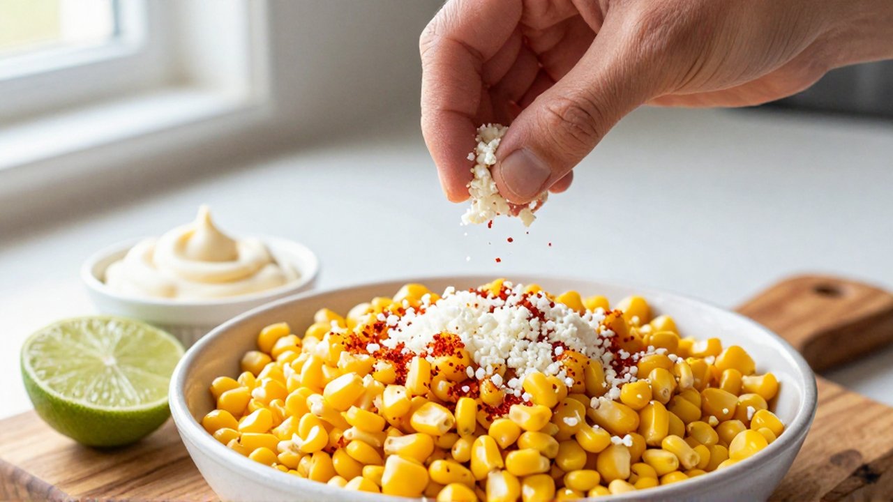 A hand sprinkles crumbled cotija cheese and red chili powder over a bowl of sautéed corn kernels.