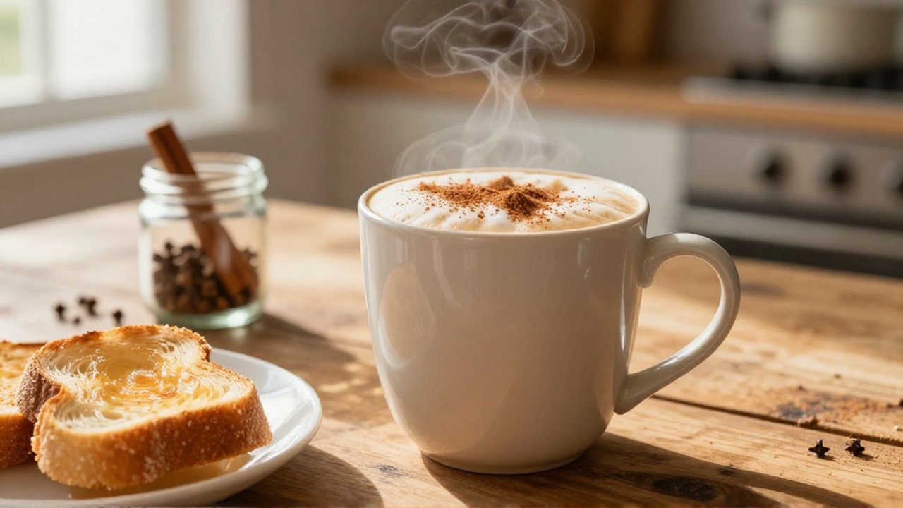 A steaming mug of frothy malta topped with cinnamon sits on a wooden table next to toasted bread.