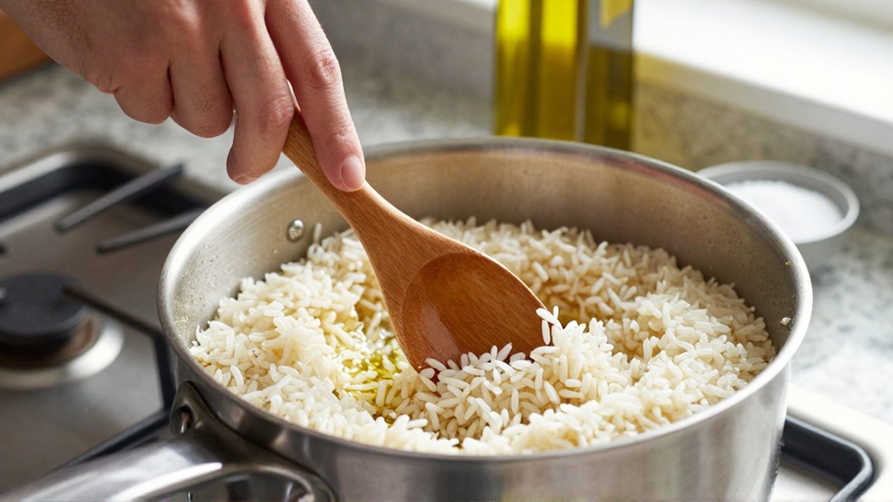A hand uses a wooden spoon to stir white rice in a stainless steel saucepan on a stovetop.