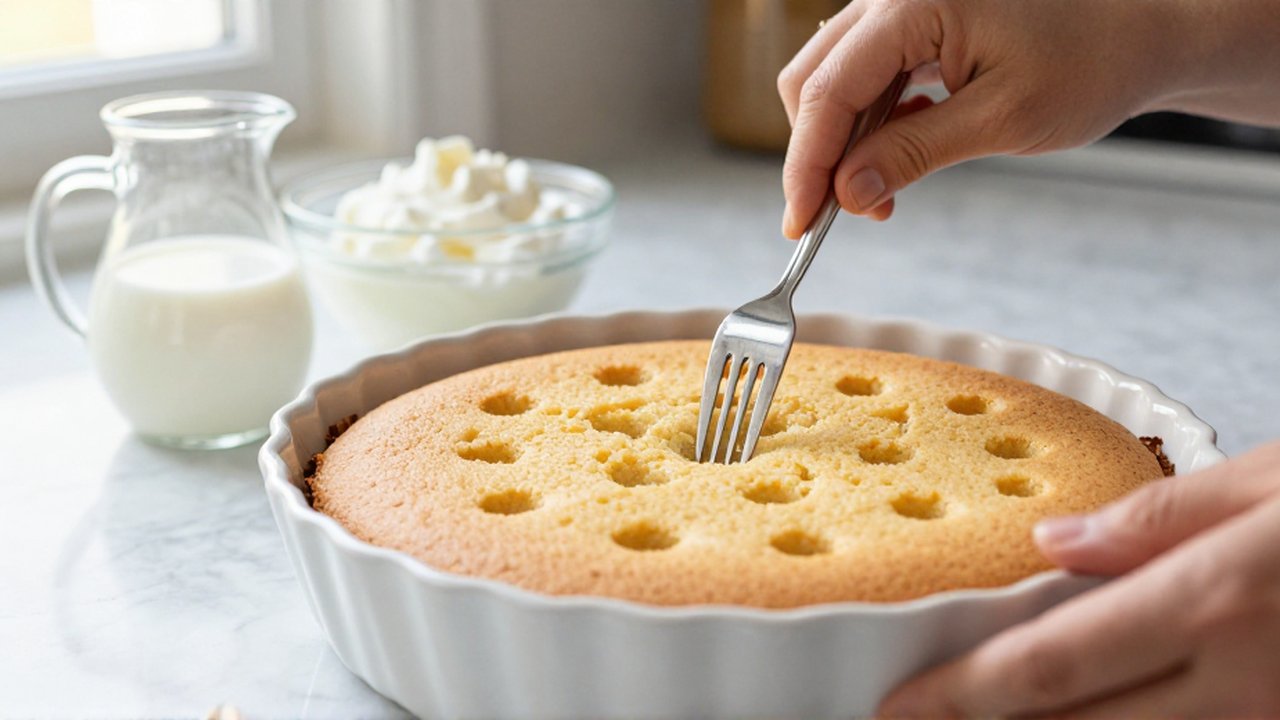 A person uses a silver fork to poke holes into a golden sponge cake in a white dish.