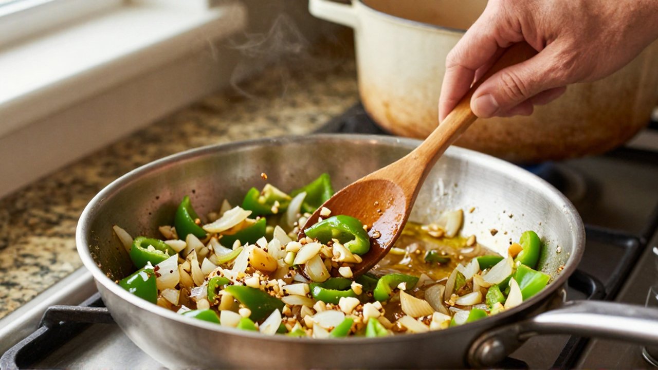 A person stirs diced onions, green peppers, and garlic in a stainless steel skillet with a wooden spoon.